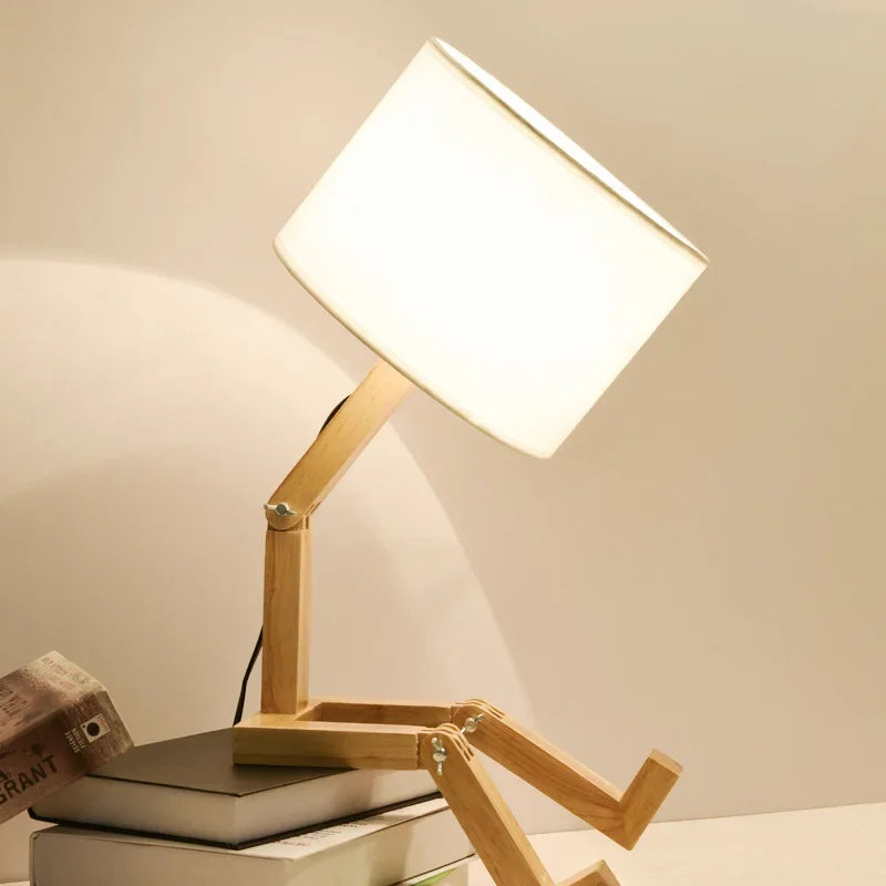 Adjusted Robot Shape Table Lamp E27 Wooden Fabric Bedroom Lamp Fold-Able Desk Light for Living Room Study Room