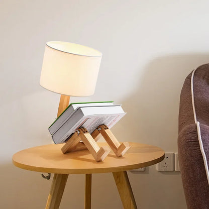 Adjusted Robot Shape Table Lamp E27 Wooden Fabric Bedroom Lamp Fold-Able Desk Light for Living Room Study Room