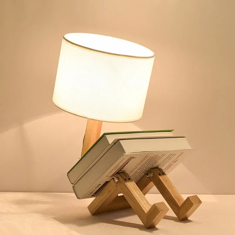 Adjusted Robot Shape Table Lamp E27 Wooden Fabric Bedroom Lamp Fold-Able Desk Light for Living Room Study Room