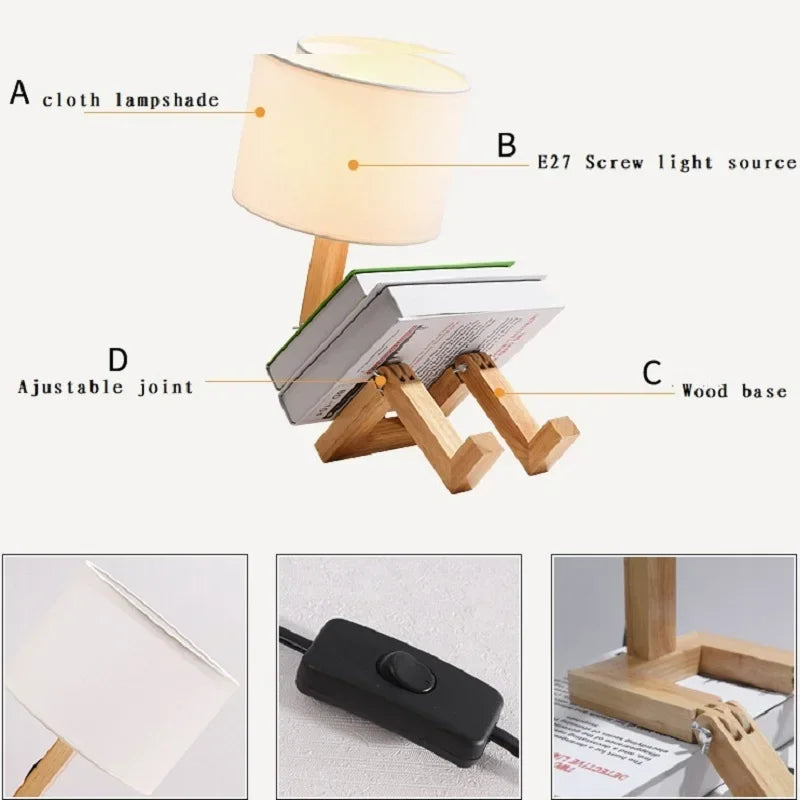 Adjusted Robot Shape Table Lamp E27 Wooden Fabric Bedroom Lamp Fold-Able Desk Light for Living Room Study Room
